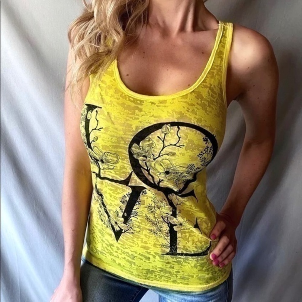 Yellow Semi-Sheer Burnout "LOVE" Graphic Tank Top - Picture 1 of 3